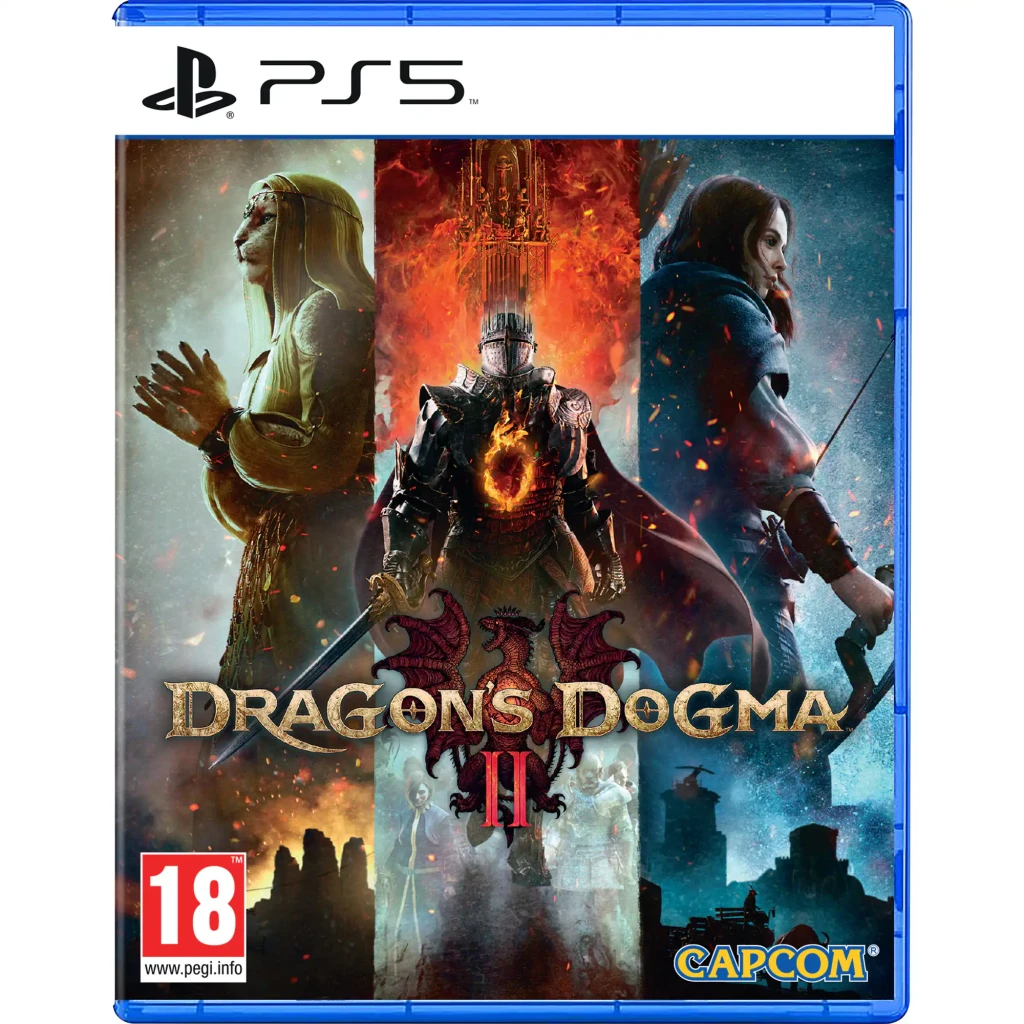 Videojuego Capcom Dragon's Dogma 2 Edición Estándar PS5, vista frontal: carátula con guerrero, criatura y arquera, logo