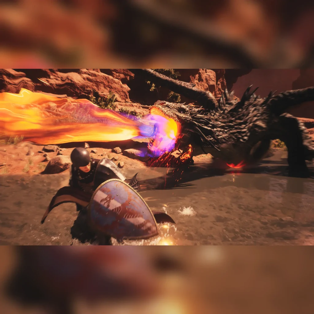 Videojuego Capcom Dragon's Dogma 2 Edición Estándar PS5, en uso: guerrero con escudo enfrenta dragón negro escupiendo fuego