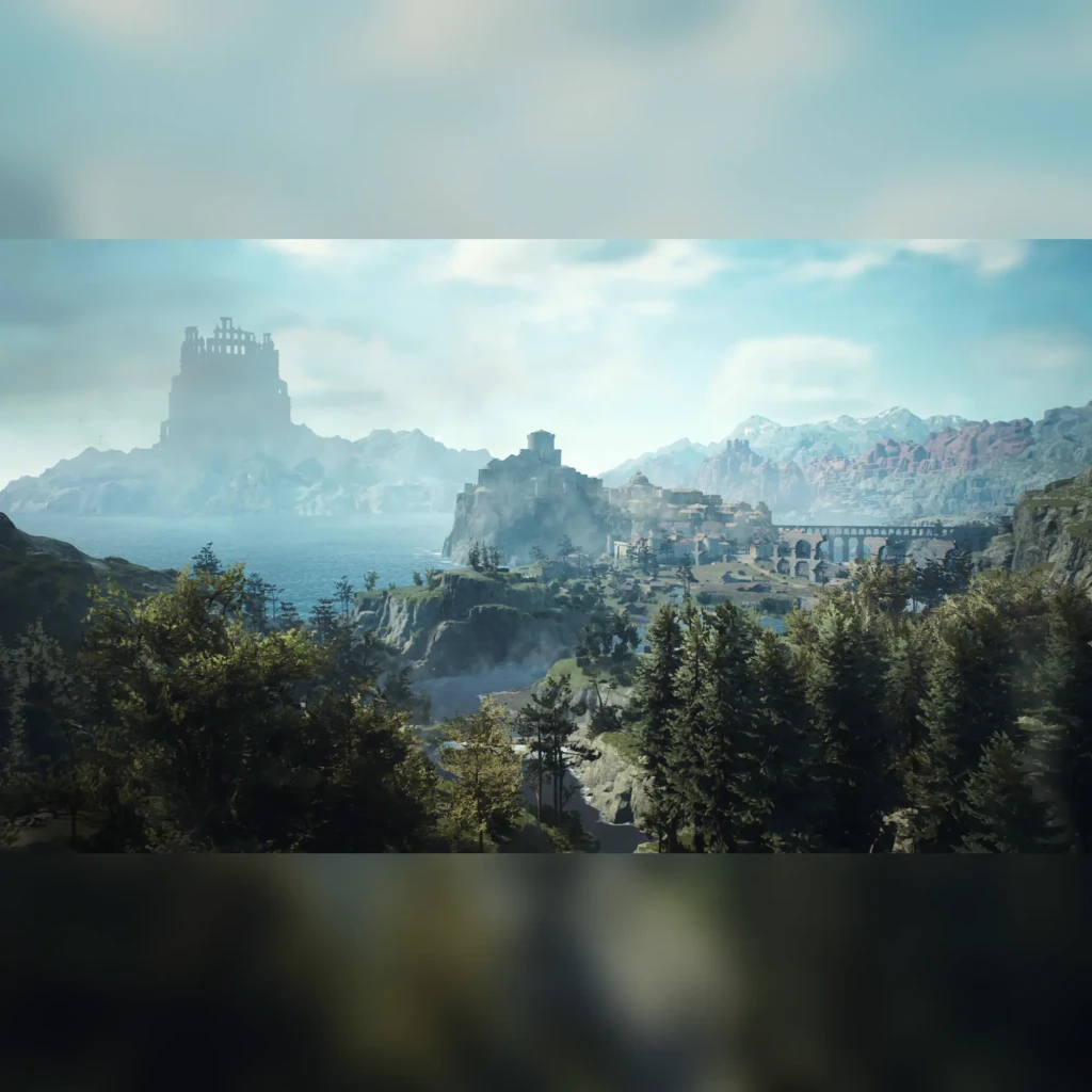 Videojuego Capcom Dragon's Dogma 2 Edición Estándar PS5, en uso: paisaje del juego con castillo en risco, bosque y acueducto