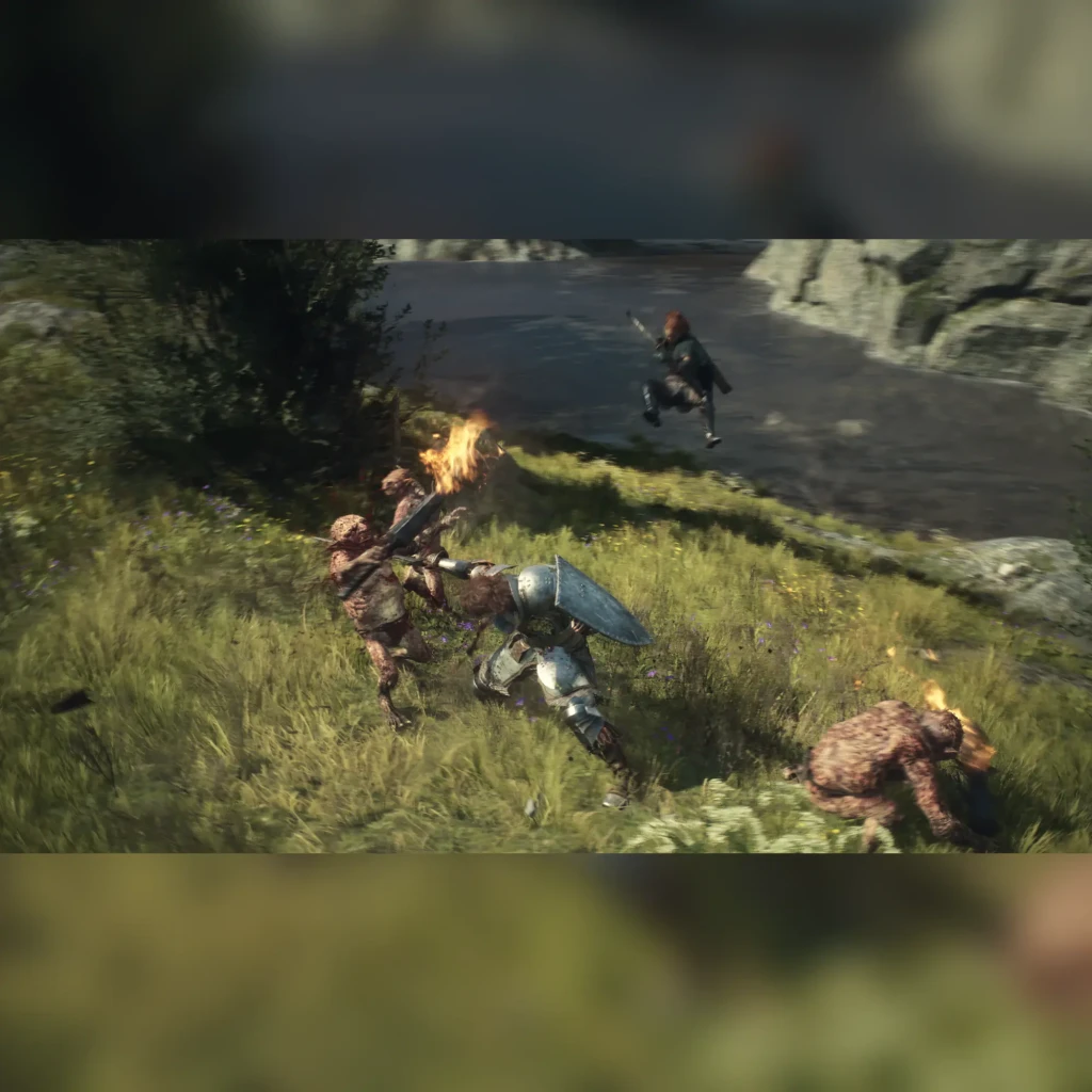 Videojuego Capcom Dragon's Dogma 2 Edición Estándar PS5, en uso: guerrero con escudo y espada en llamas combate criaturas