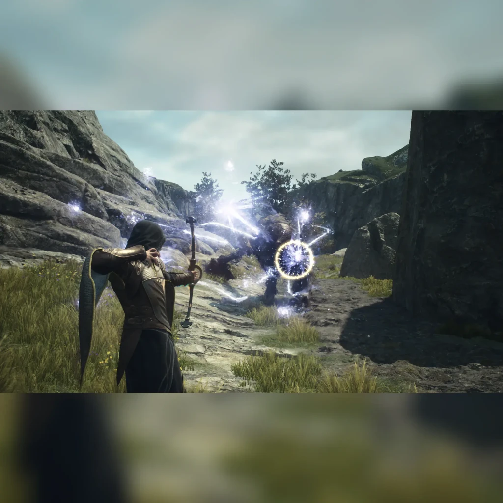 Videojuego Capcom Dragon's Dogma 2 Edición Estándar PS5, en uso: arquero apuntando a enemigo con efectos de rayo en entorno
