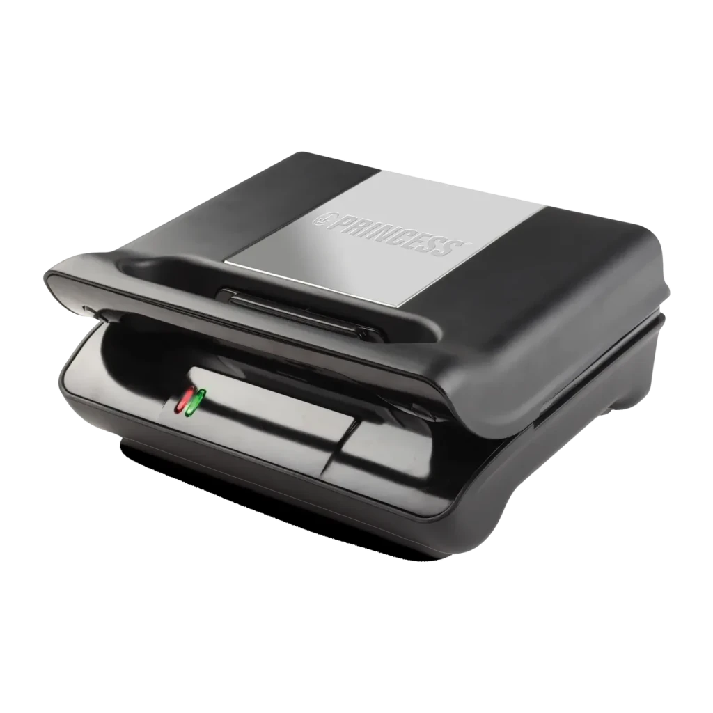Grill y sandwichera Princess Multi Compact Pro 800W 230x130mm Negro 117002, vista frontal: tapa de acero inoxidable con logo