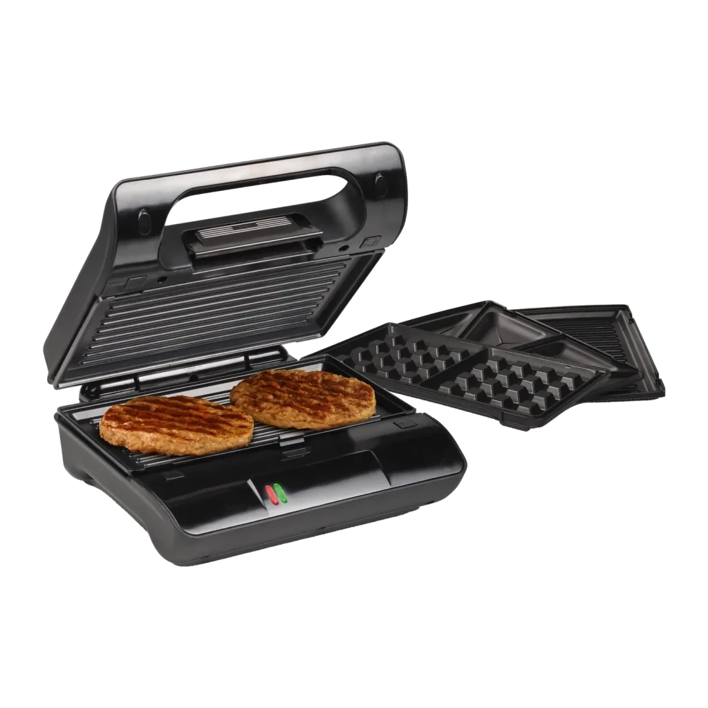 Grill y sandwichera Princess Multi Compact Pro 800W 230x130mm Negro 117002, detalle: abierto con dos hamburguesas en placa