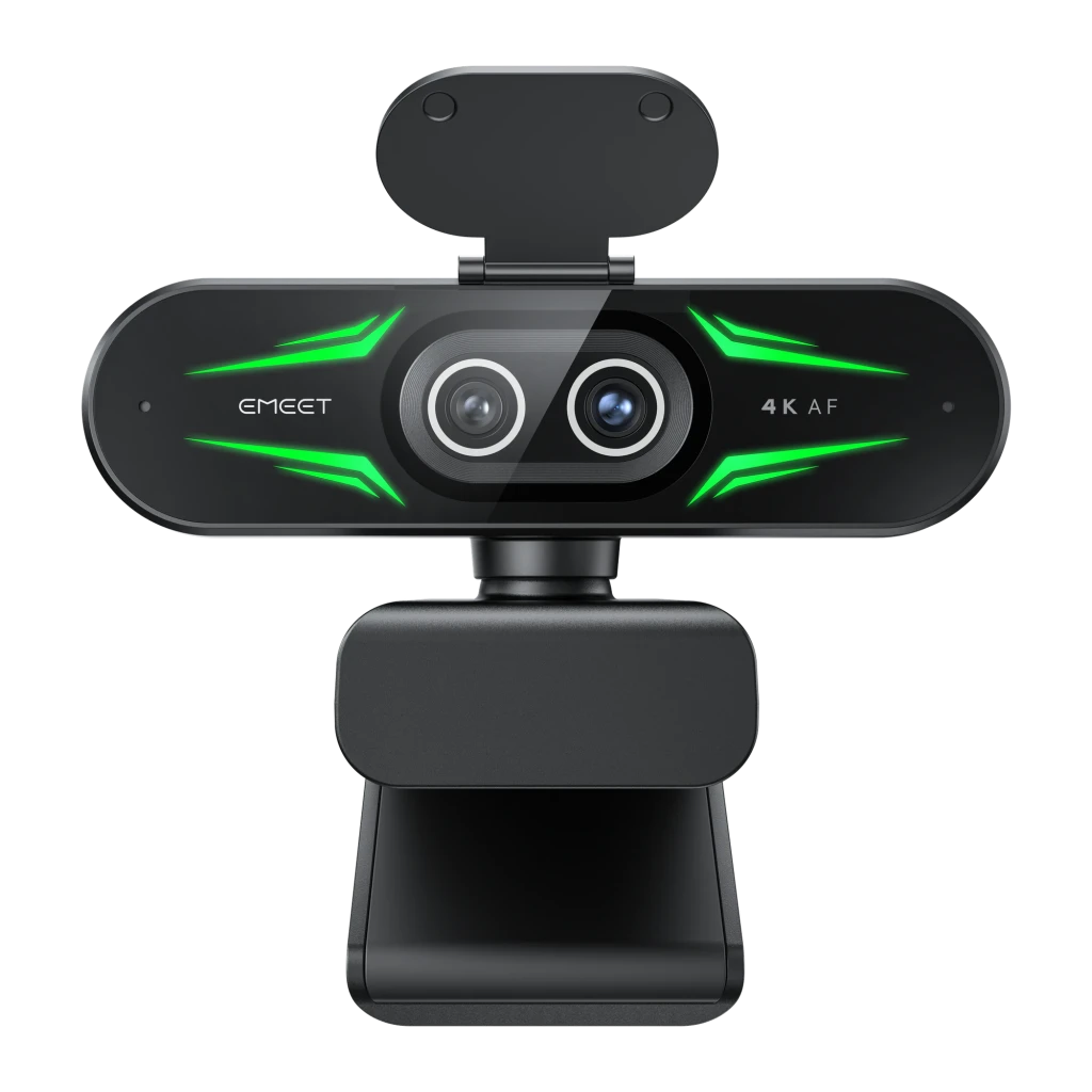 Webcam EMEET SmartCam C60E 4K Dual 30fps 2 Microphones 1080p 60fps Noir, vue avant: double objectif, accents verts