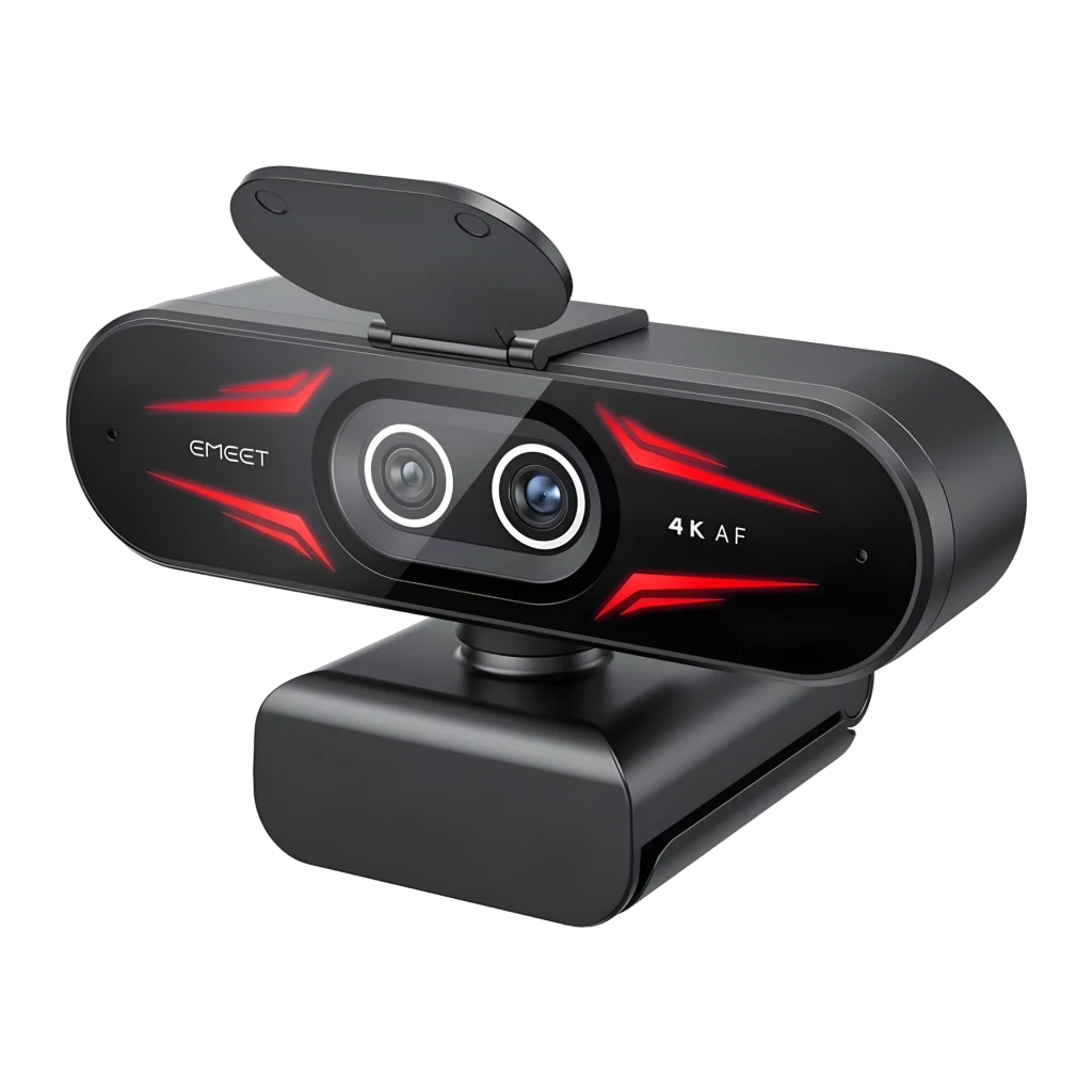 Webcam EMEET SmartCam C60E 4K Dual 30fps 2 Microphones 1080p 60fps Noir, détail: double objectif et accents rouges