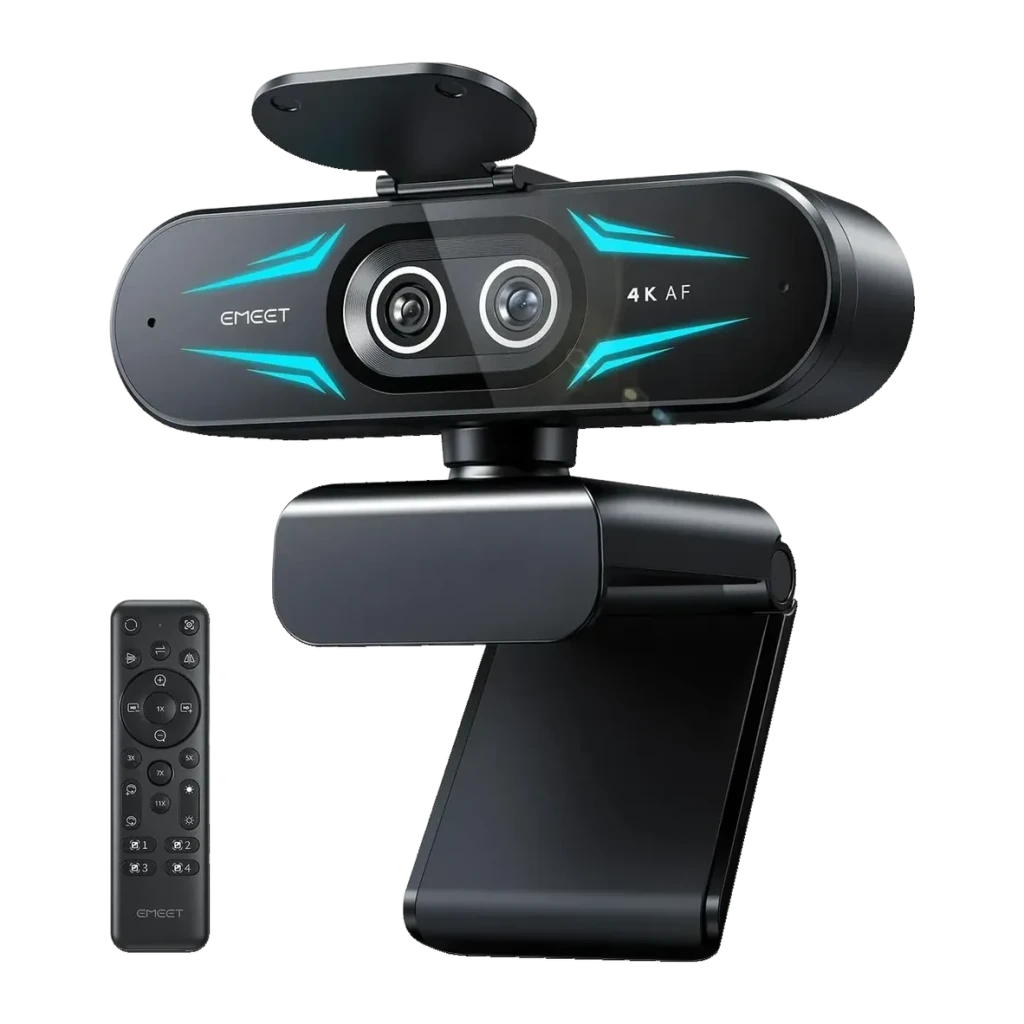 Webcam EMEET SmartCam C60E 4K Dual 30fps 2 Microphones 1080p 60fps Noir, détail: double objectif et LEDs cyan