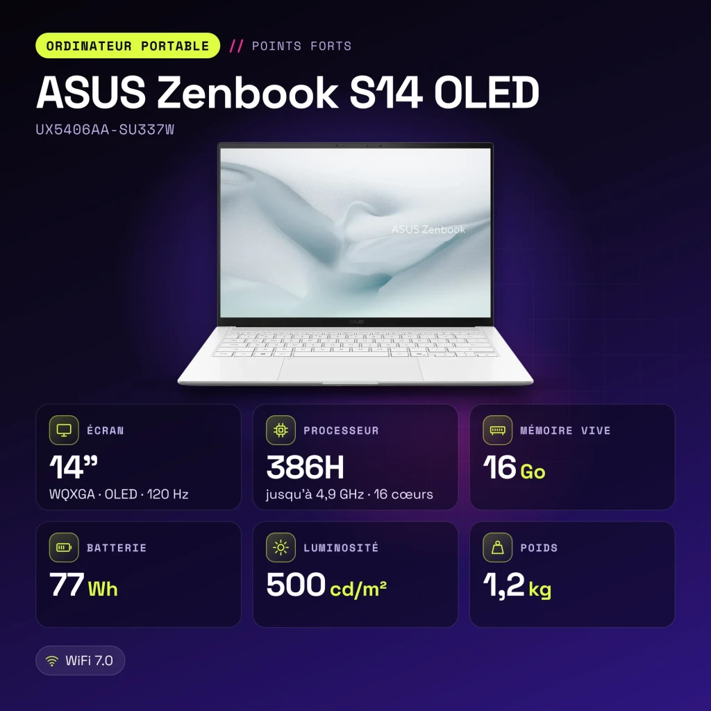 Portátil ASUS Zenbook S14 OLED 16GB/512GB 14 pulgadas 120Hz Táctil Intel Core Ultra 9 386H SSD NVMe PCIe 4.0 Windows 11 Home Blanco UX5406AA-SU337W - características