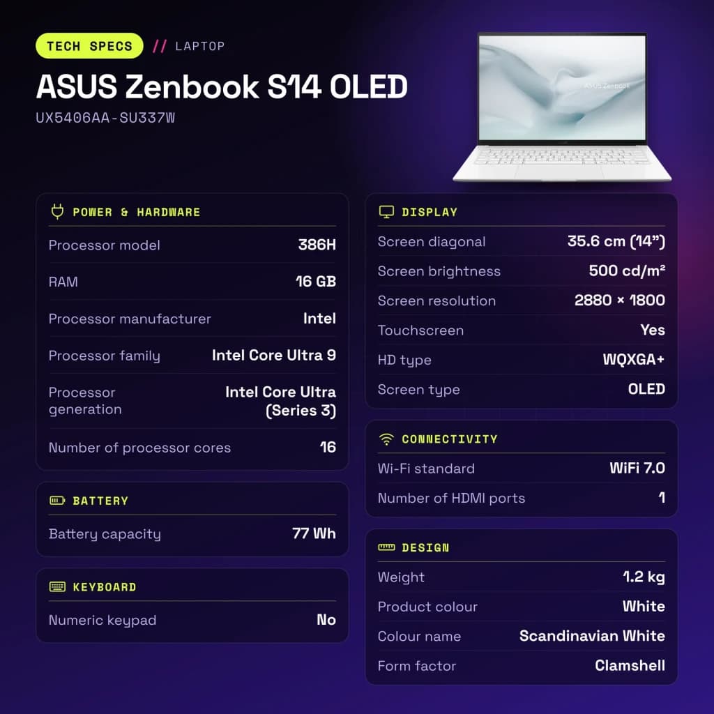 Portátil ASUS Zenbook S14 OLED 16GB/512GB 14 pulgadas 120Hz Táctil Intel Core Ultra 9 386H SSD NVMe PCIe 4.0 Windows 11 Home Blanco UX5406AA-SU337W - características
