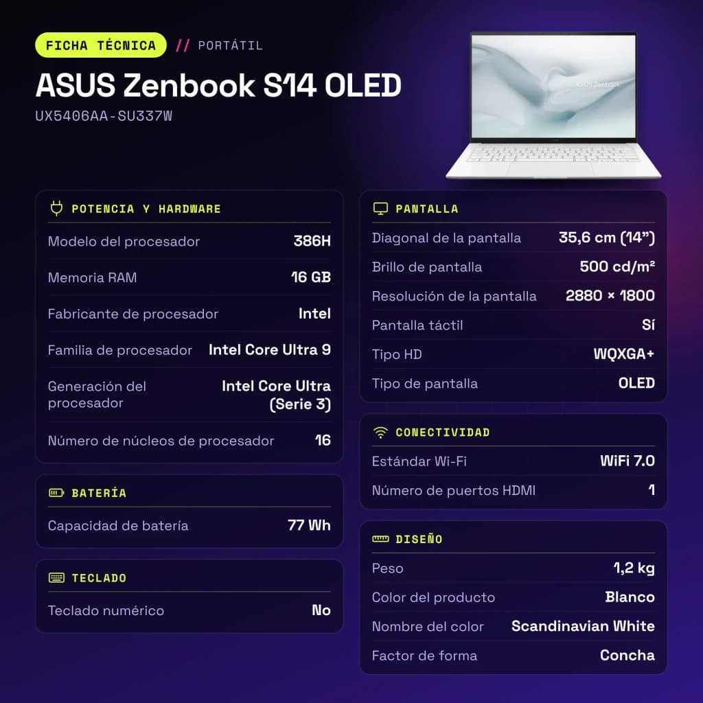 Portátil ASUS Zenbook S14 OLED 16GB/512GB 14 pulgadas 120Hz Táctil Intel Core Ultra 9 386H SSD NVMe PCIe 4.0 Windows 11 Home Blanco UX5406AA-SU337W - características