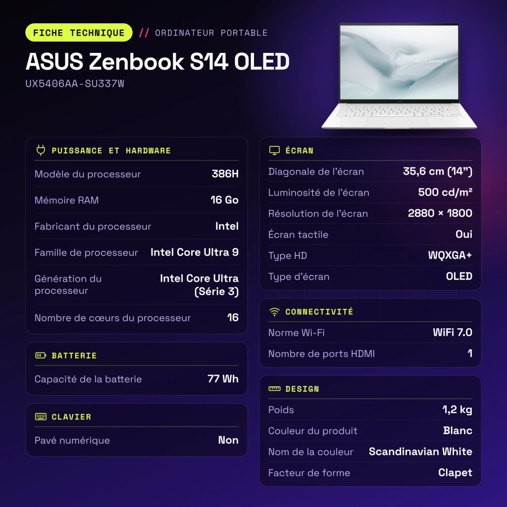 Portátil ASUS Zenbook S14 OLED 16GB/512GB 14 pulgadas 120Hz Táctil Intel Core Ultra 9 386H SSD NVMe PCIe 4.0 Windows 11 Home Blanco UX5406AA-SU337W - características