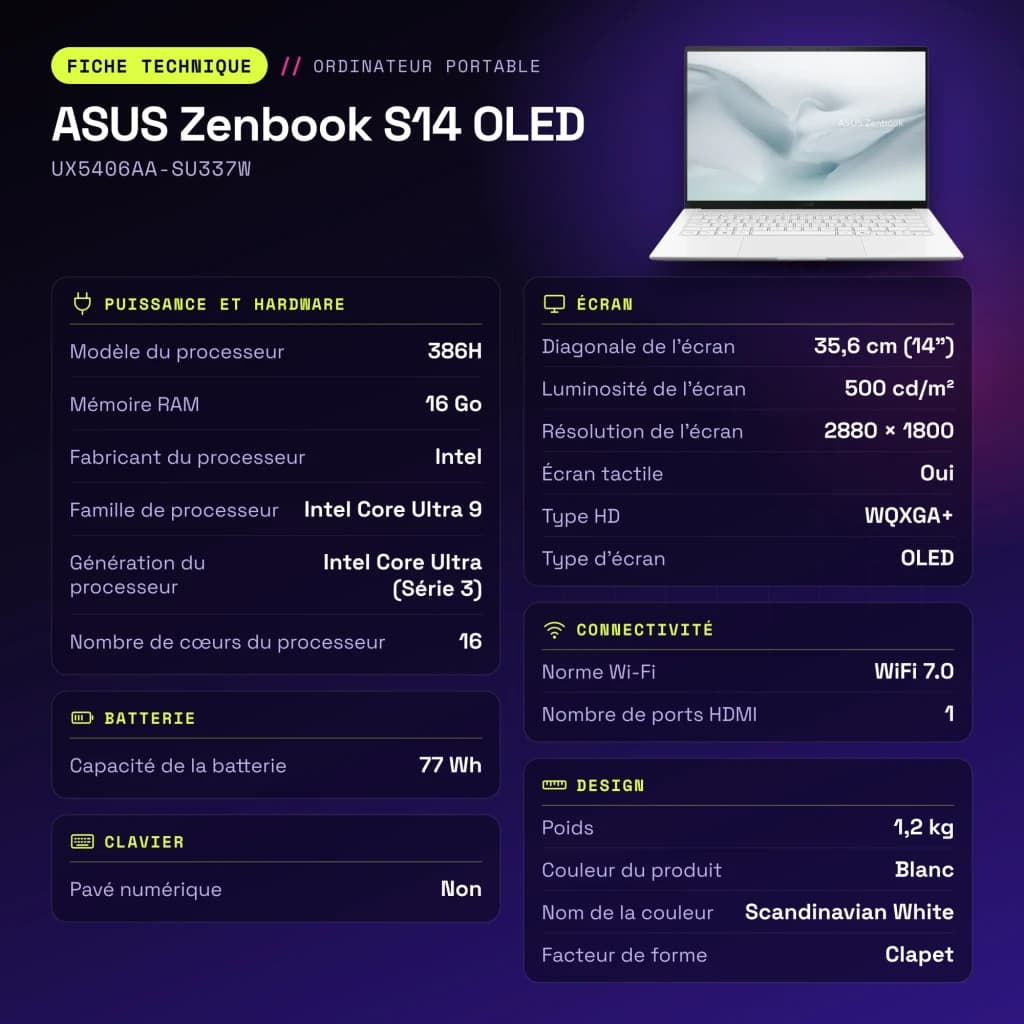 Portátil ASUS Zenbook S14 OLED 16GB/512GB 14 pulgadas 120Hz Táctil Intel Core Ultra 9 386H SSD NVMe PCIe 4.0 Windows 11 Home Blanco UX5406AA-SU337W - características