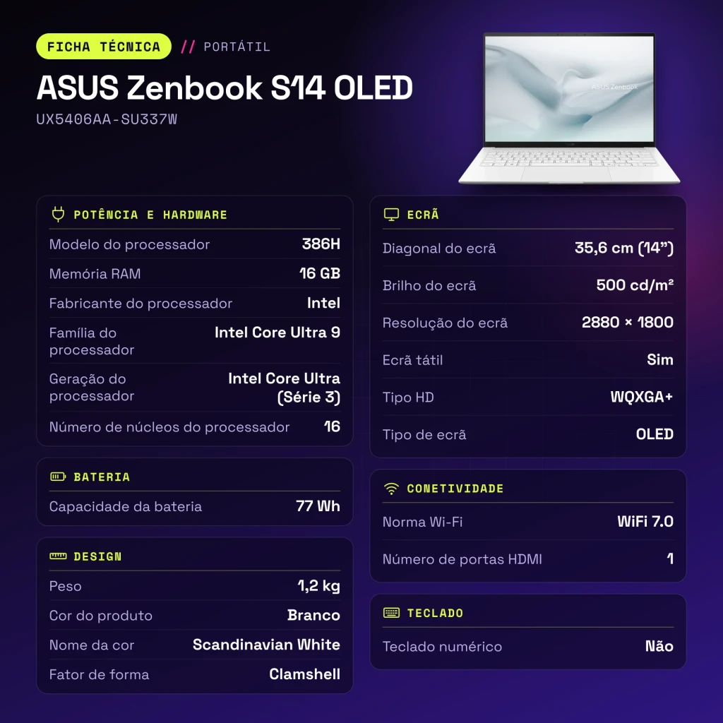 Portátil ASUS Zenbook S14 OLED 16GB/512GB 14 pulgadas 120Hz Táctil Intel Core Ultra 9 386H SSD NVMe PCIe 4.0 Windows 11 Home Blanco UX5406AA-SU337W - características