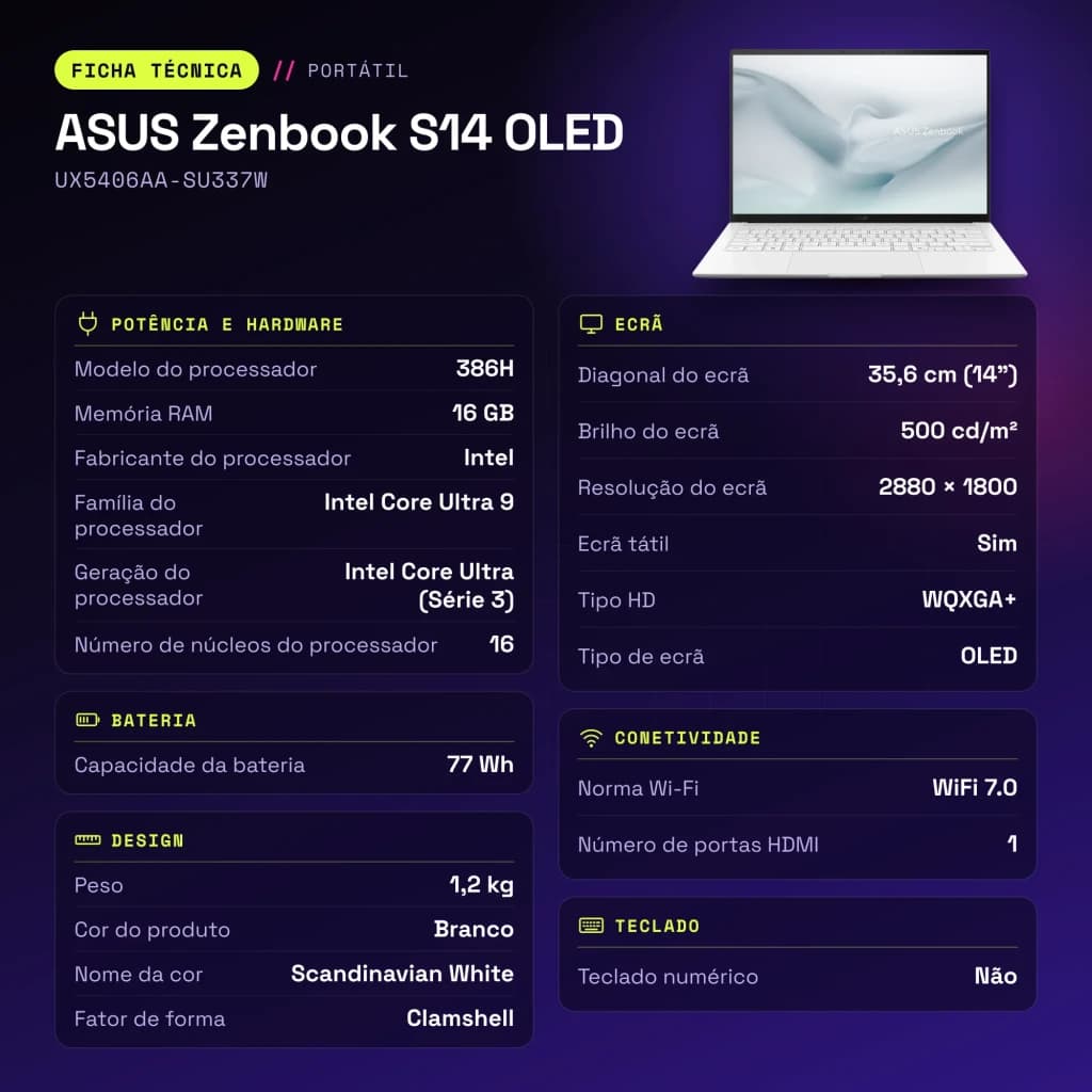 Portátil ASUS Zenbook S14 OLED 16GB/512GB 14 pulgadas 120Hz Táctil Intel Core Ultra 9 386H SSD NVMe PCIe 4.0 Windows 11 Home Blanco UX5406AA-SU337W - características