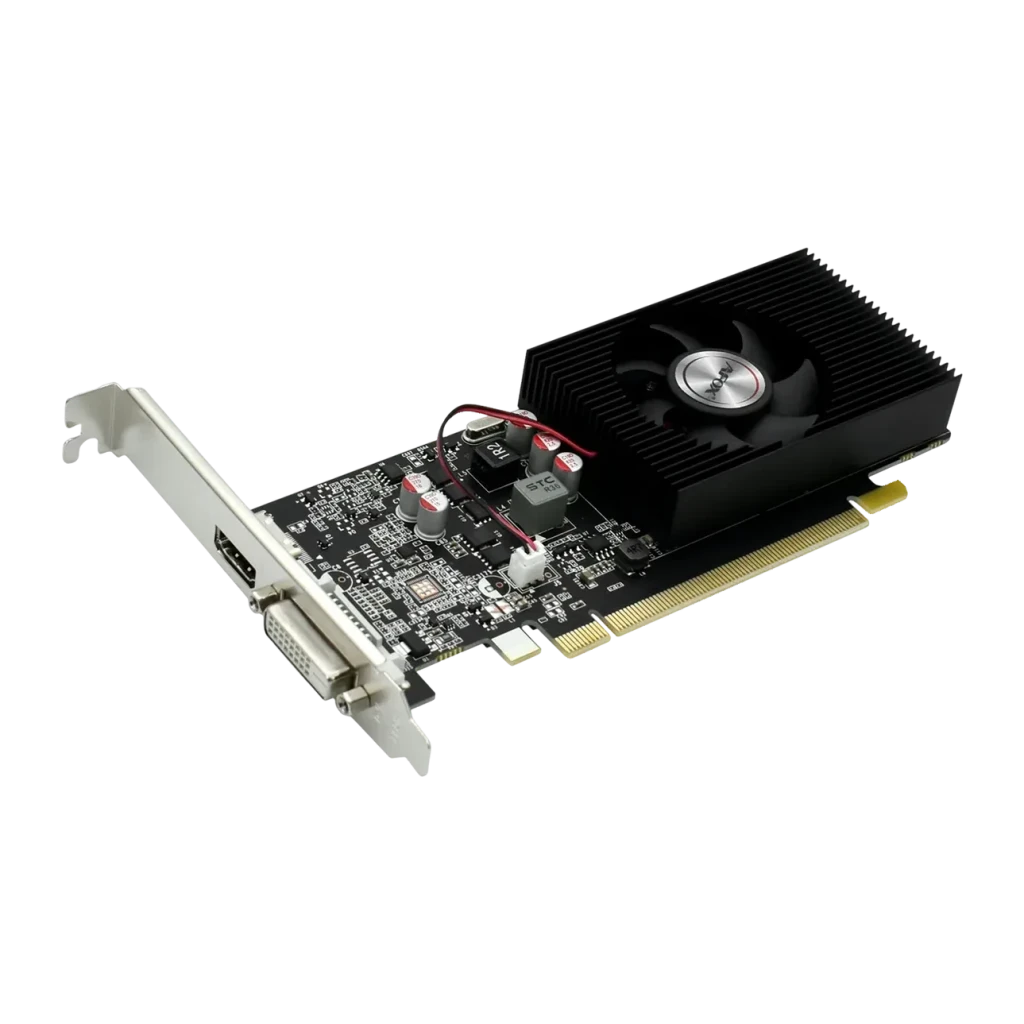 AFOX GeForce GT 1030 4GB GDDR4 AF1030-4096D4L5 Negro, vista frontal: PCB negro con ventilador, condensadores y puertos HDMI