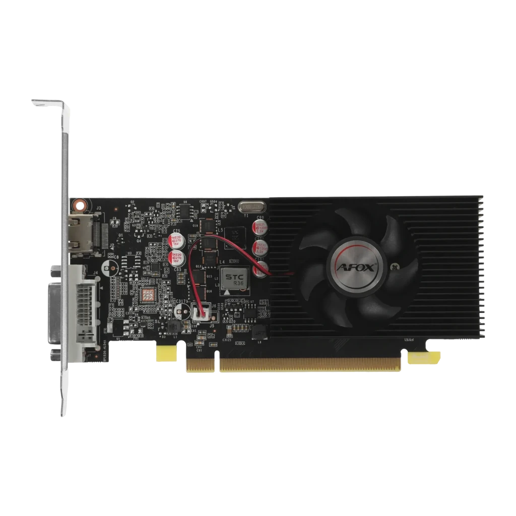 AFOX GeForce GT 1030 4GB GDDR4 AF1030-4096D4L5 Negro, detalle: PCB frontal con ventilador AFOX, disipador negro, puertos