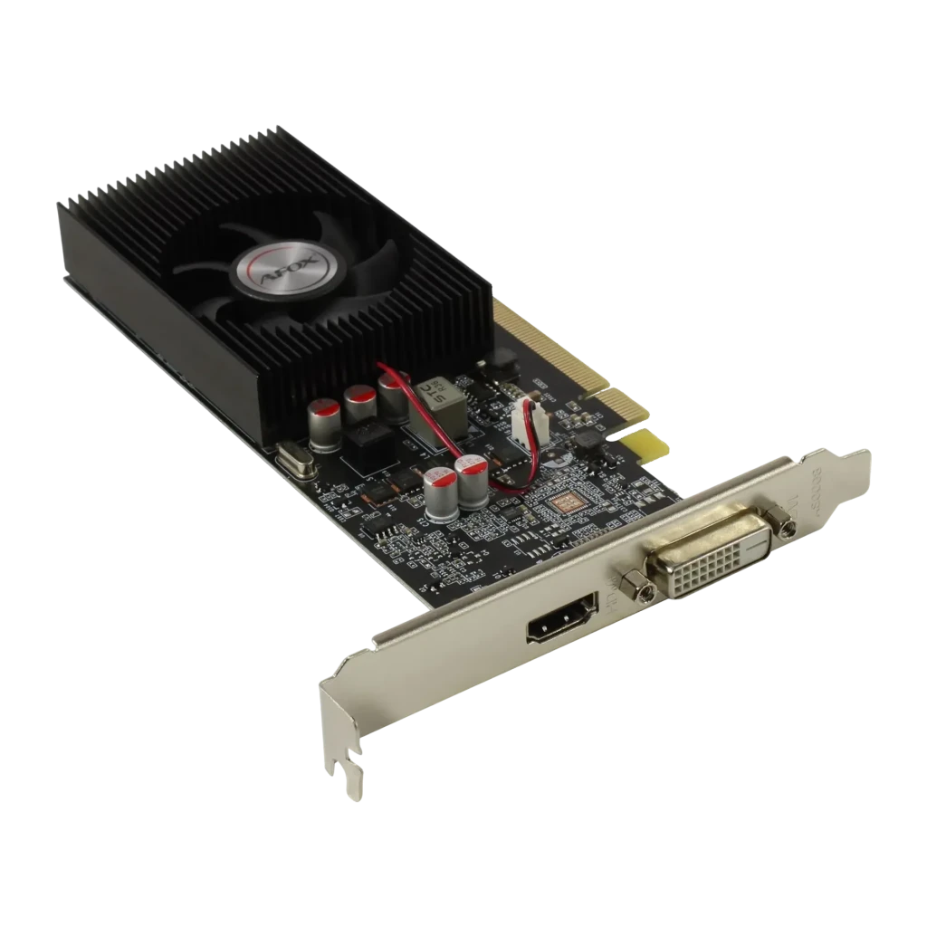 AFOX GeForce GT 1030 4GB GDDR4 AF1030-4096D4L5 Negro, vista trasera: PCB verde con condensadores rojos, salidas HDMI y DVI