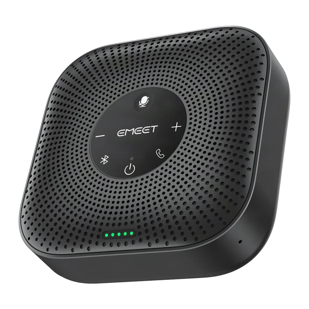 Conférencier eMeet OfficeCore M0 Plus 3W 10h Bluetooth 5.3 / USB-C Gris, détail: panneau tactile supérieur avec logo