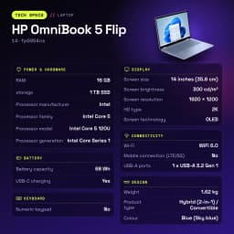 Portátil 2 em 1 HP OmniBook 5 Flip 16GB/1TB SSD 14 polegadas OLED 2K Tátil Intel Core 5 120U NVMe PCIe 4.0 Windows 11 Home Azul Céu 14-fp0054ns - características