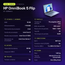 Portátil 2 em 1 HP OmniBook 5 Flip 16GB/1TB SSD 14 polegadas OLED 2K Tátil Intel Core 5 120U NVMe PCIe 4.0 Windows 11 Home Azul Céu 14-fp0054ns - características