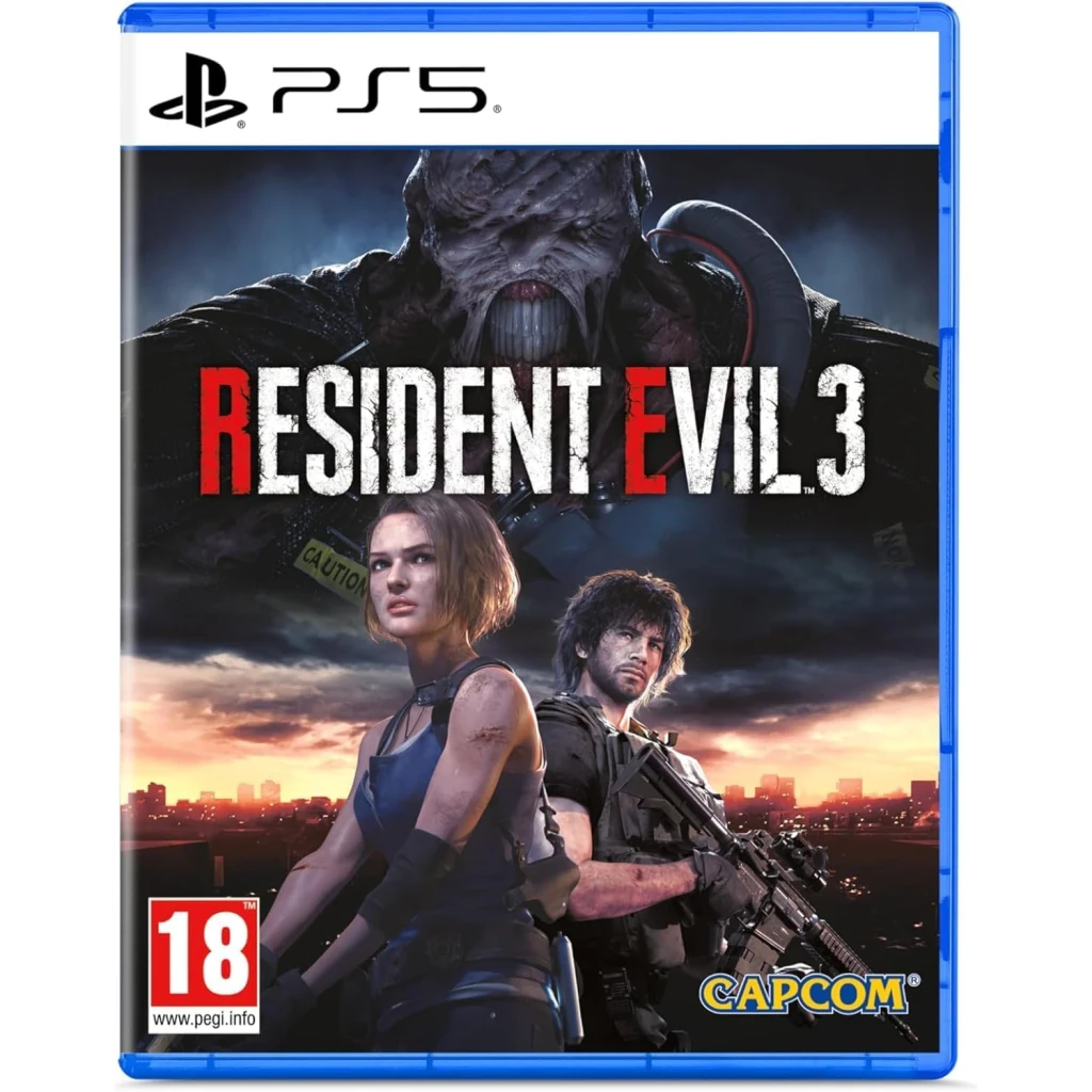 Videojuego Capcom Resident Evil 3 Remake Estándar PS5, vista frontal: carátula con Jill, Carlos y Nemesis, caja azul PS5
