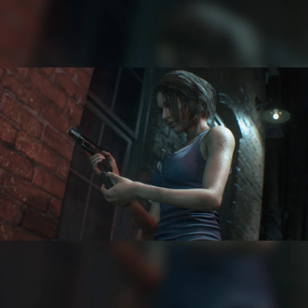 Videojuego Capcom Resident Evil 3 Remake Estándar PS5, en uso: Jill Valentine con pistola en callejón oscuro de ladrillo