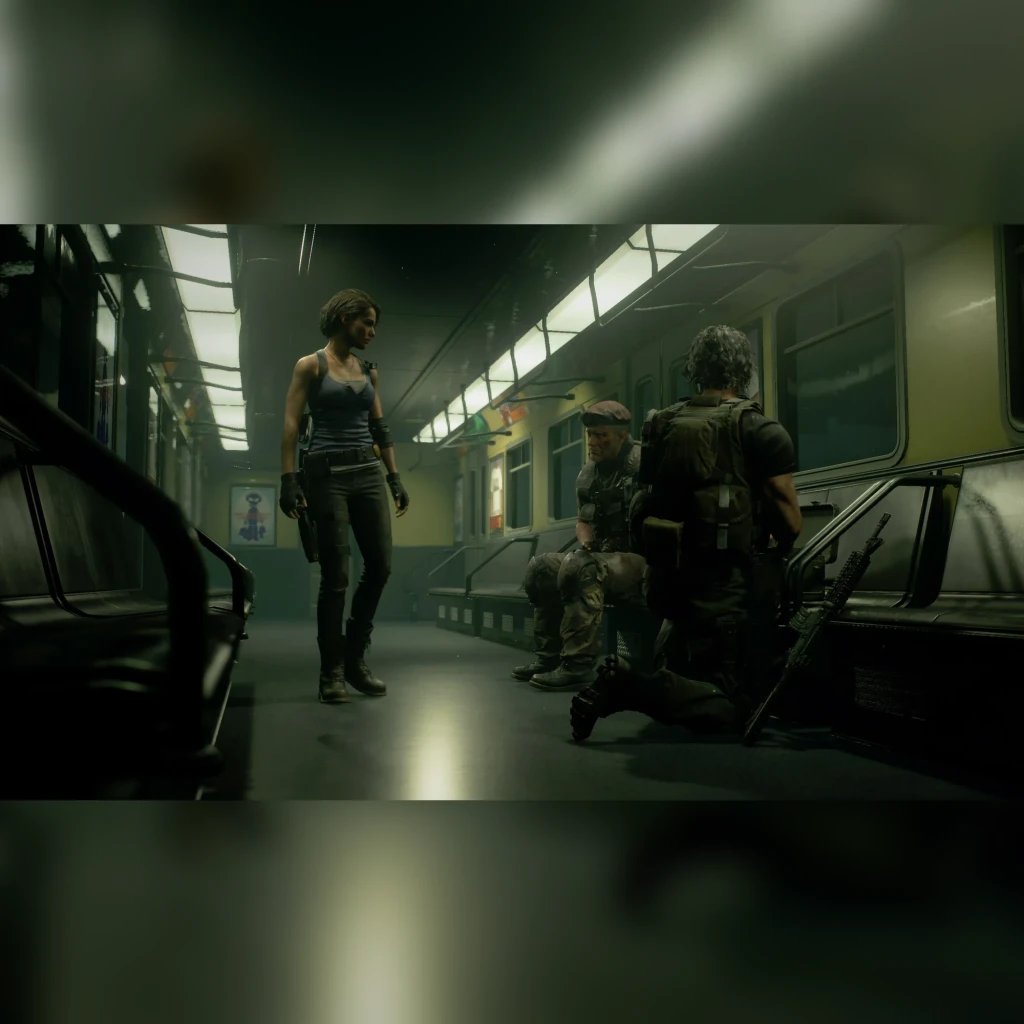Videojuego Capcom Resident Evil 3 Remake Estándar PS5, en uso: Jill y soldados armados en vagón de metro oscuro