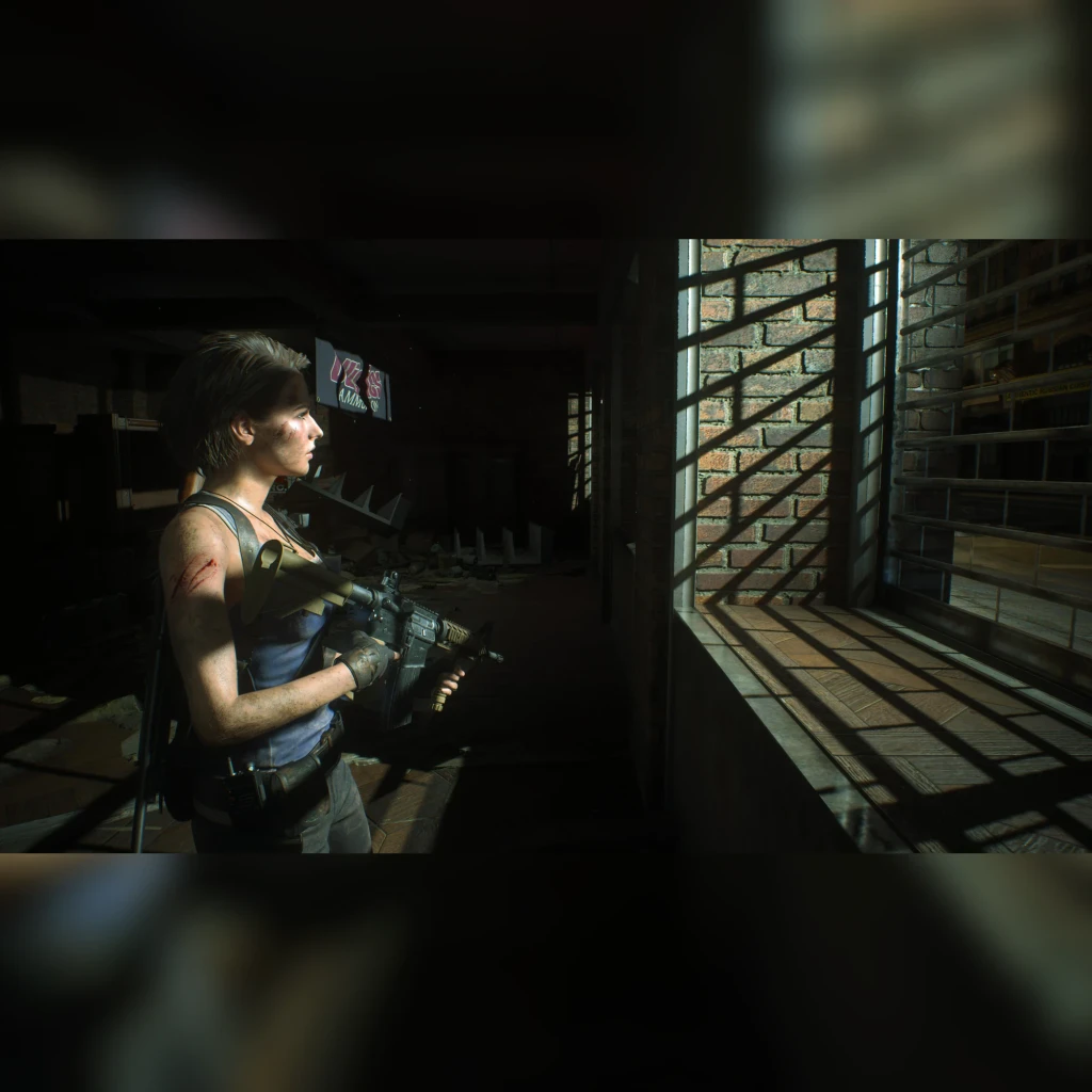 Videojuego Capcom Resident Evil 3 Remake Estándar PS5, en uso: Jill Valentine armada en pasillo oscuro con luz entre rejas