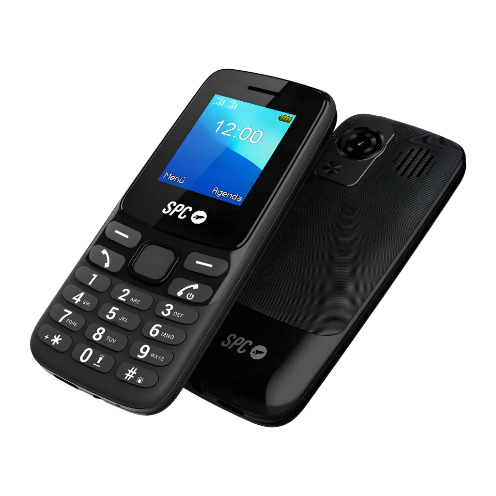 SPC Talk 2 4G Negro, vista frontal: pantalla encendida con teclado numérico grande y trasera con módulo de cámara visibles