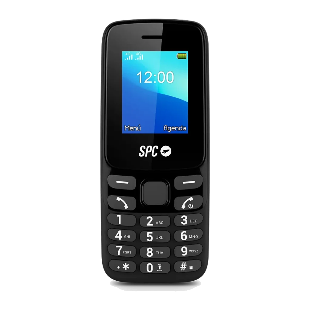 SPC Talk 2 4G Negro, detalle frontal: pantalla encendida con hora, teclado numérico grande y logo SPC