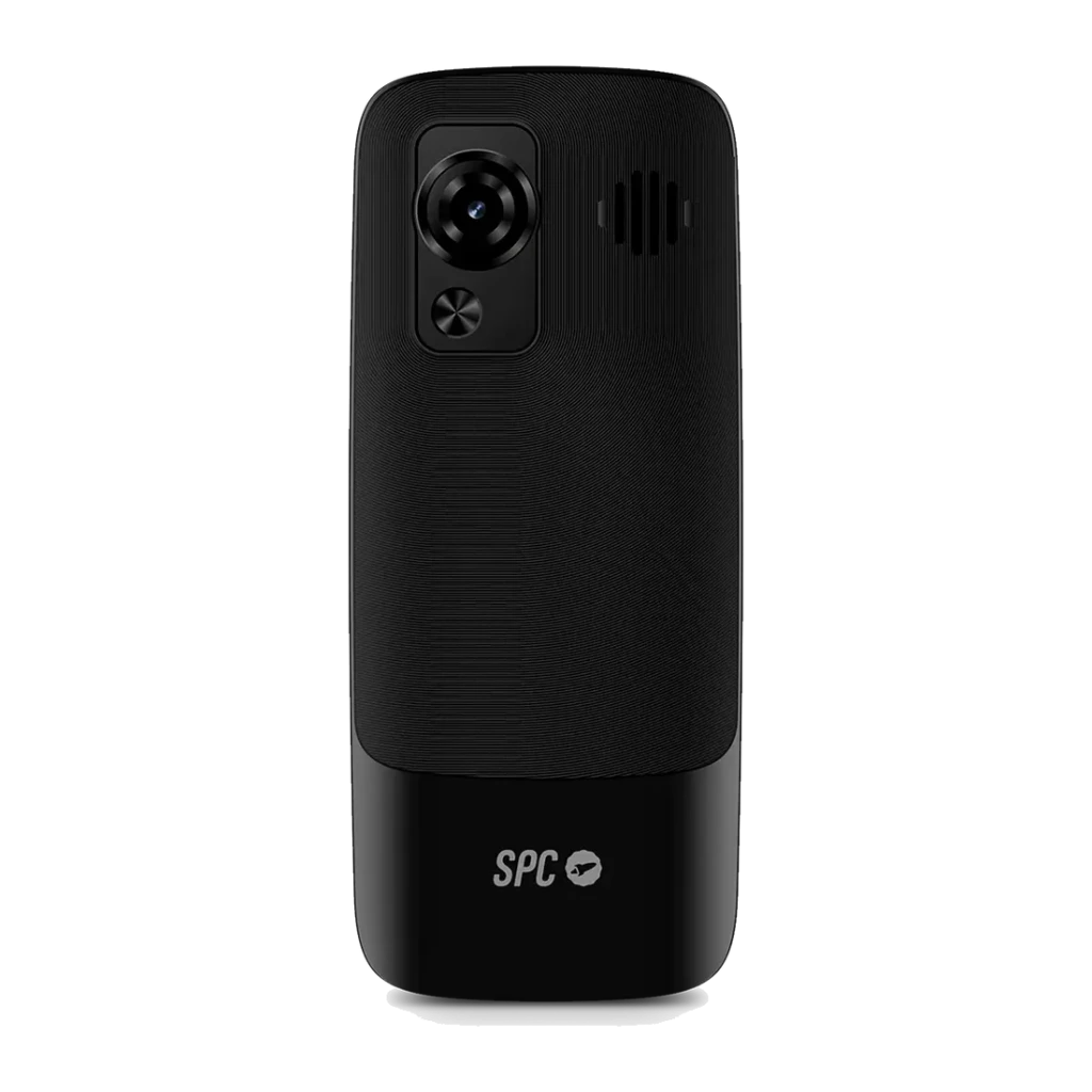 SPC Talk 2 4G Negro, vista trasera: cámara circular, flash y altavoz en panel superior con textura reticulada y logo SPC