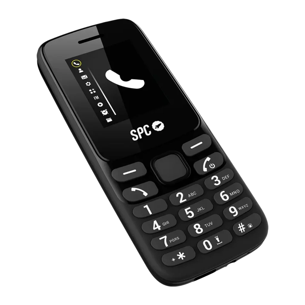 SPC Talk 2 4G Negro, detalle: teclado numérico grande con teclas blancas y pantalla con icono de llamada