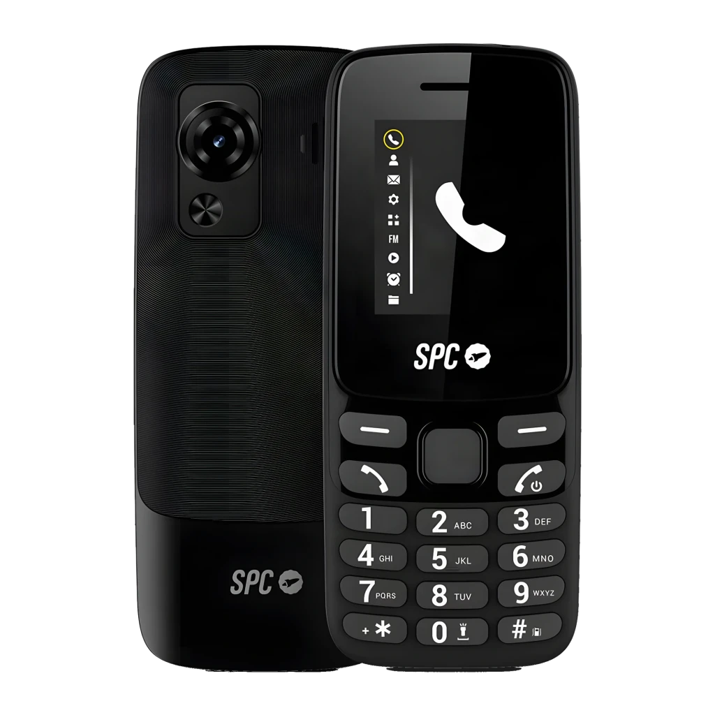 SPC Talk 2 4G Negro, detalle: vista frontal y trasera, teclado numérico grande y módulo de cámara trasera visibles
