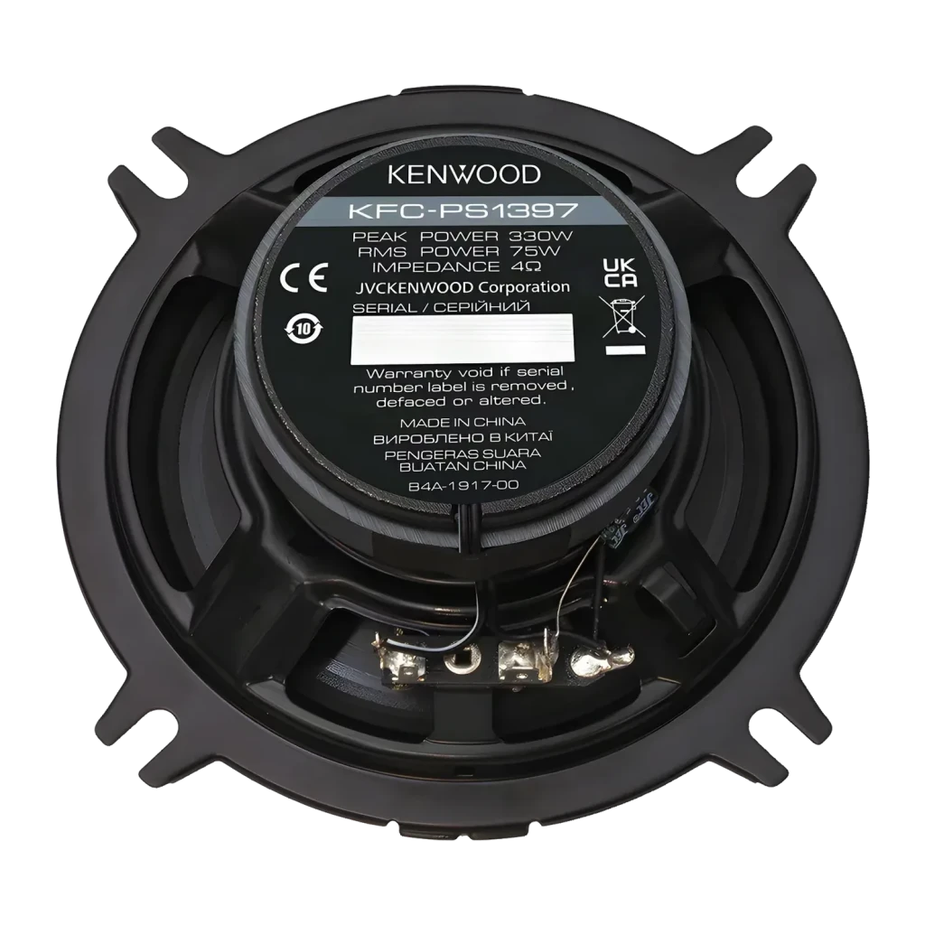 Altavoces de Coche Kenwood 2 vías 75W RMS Negro KFC-PS1397, vista trasera: etiqueta con especificaciones, terminales y cesta