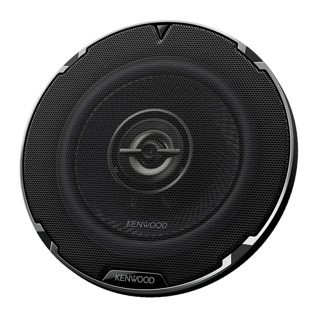 Altavoces de Coche Kenwood 2 vías 75W RMS Negro KFC-PS1397, detalle frontal: rejilla circular negra con logo Kenwood y aro