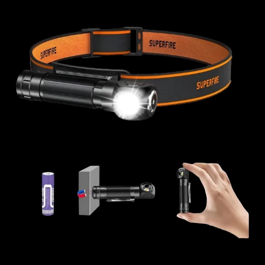 Lanterna frontal Superfire TH04 2 em 1 Recarregável USB-C 600 lúmens 127 m Preto, detalhe: fita laranja-preta, bateria