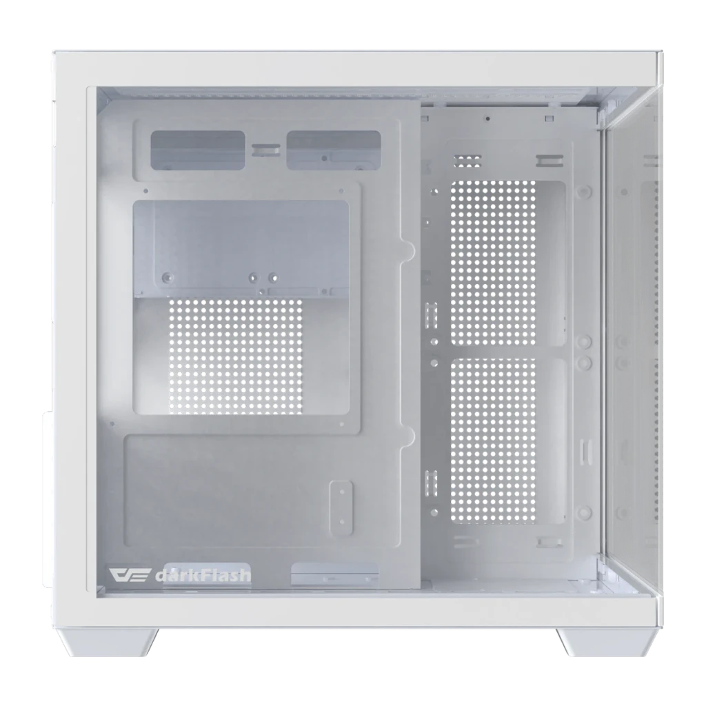 Boîtier PC DarkFlash B275 Verre Trempé 270° M-ATX / ITX 355x275x354mm Blanc, détail: intérieur avec plateaux perforés