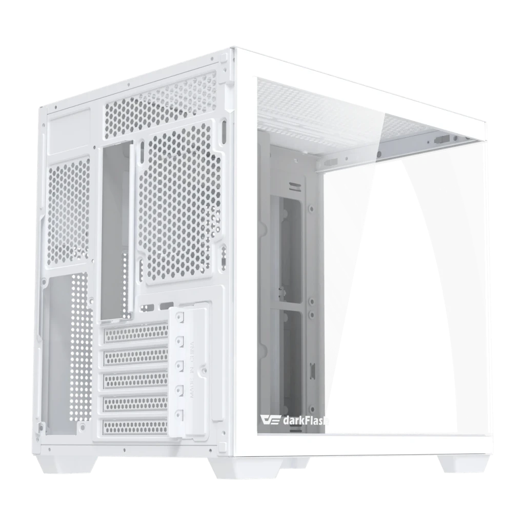 Boîtier PC DarkFlash B275 Verre Trempé 270° M-ATX / ITX 355x275x354mm Blanc, détail: intérieur avec panneaux perforés, slots