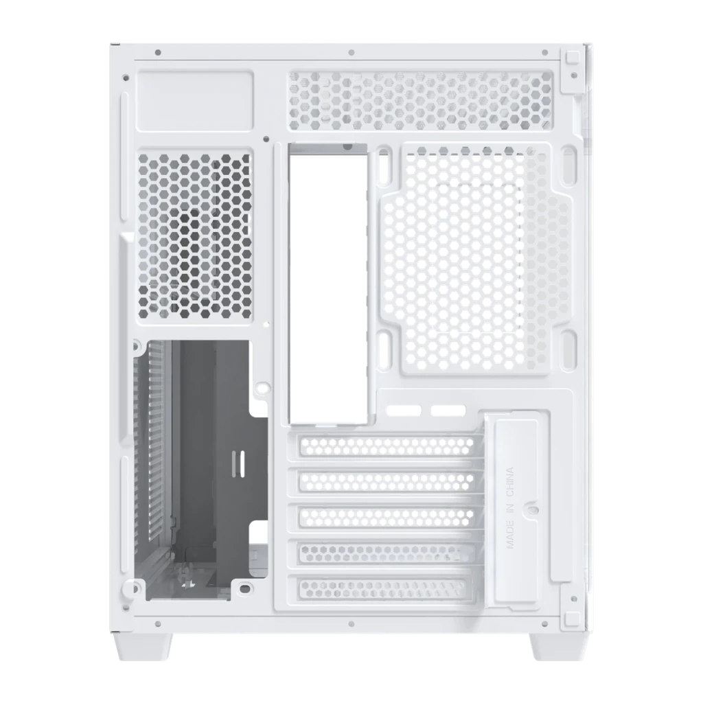 Boîtier PC DarkFlash B275 Verre Trempé 270° M-ATX / ITX 355x275x354mm Blanc, vue arrière: panneau perforé hexagonal, slots