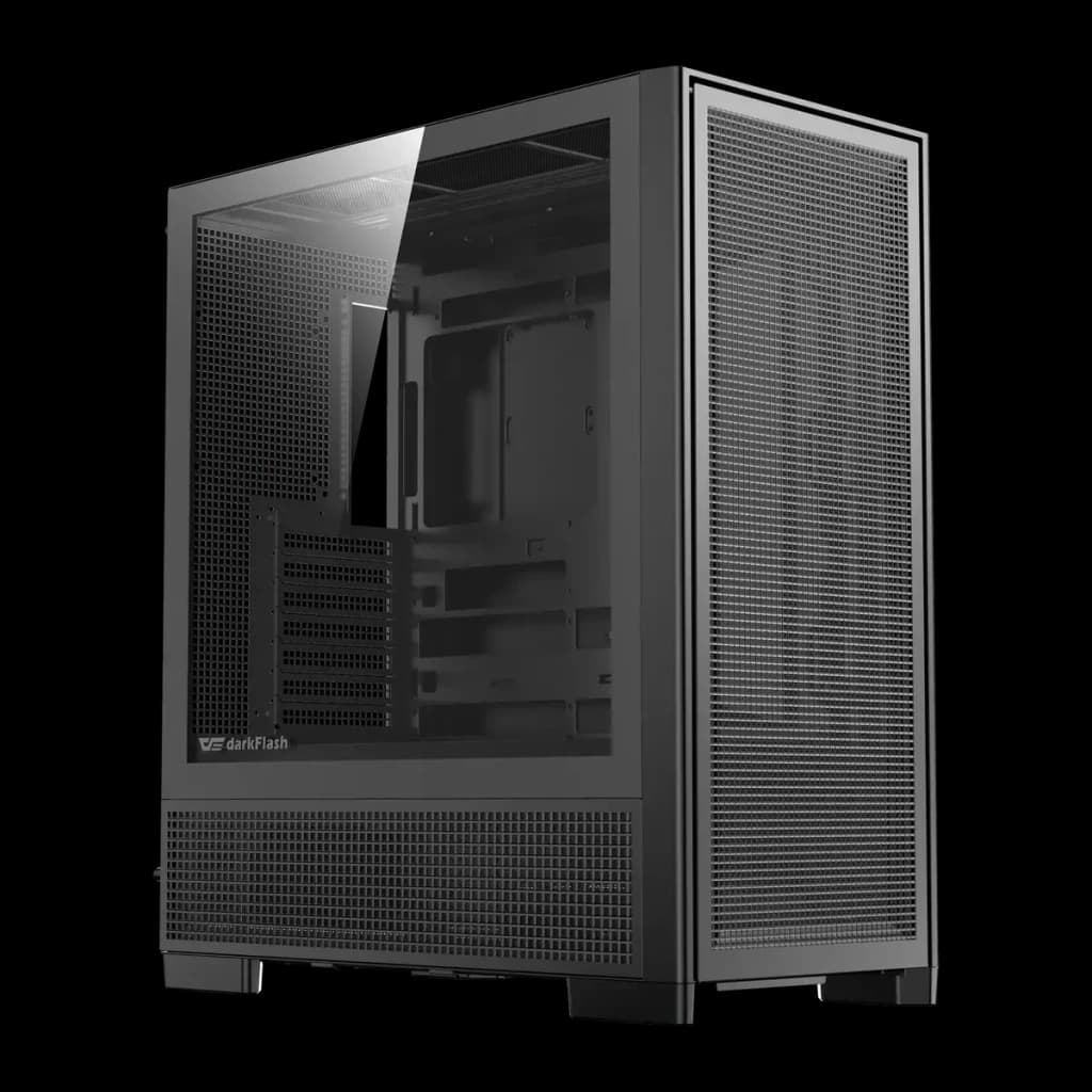 Caixa PC Darkflash AIRNOVA Vidro Temperado ATX E-ATX 3×120mm incluídas Preto, vista frontal: painel lateral em vidro