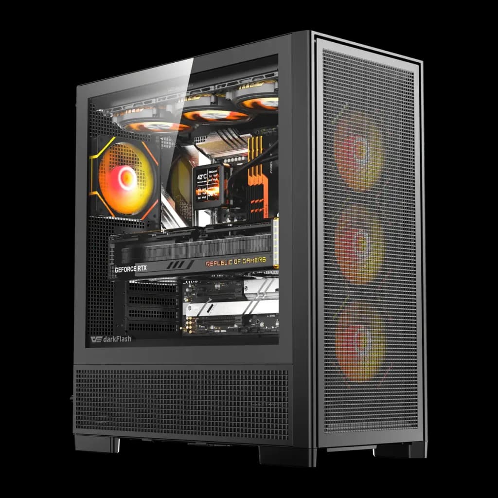Caixa PC Darkflash AIRNOVA Vidro Temperado ATX E-ATX 3×120mm incluídas Preto, em uso: interior com GPU GeForce RTX