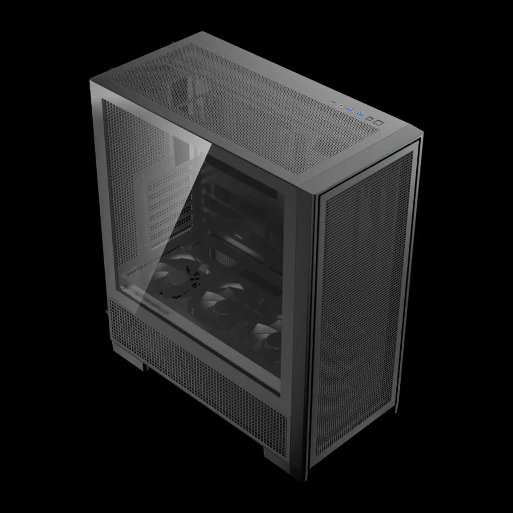 Caixa PC Darkflash AIRNOVA Vidro Temperado ATX E-ATX 3×120mm incluídas Preto, detalhe: vista isométrica, painel lateral