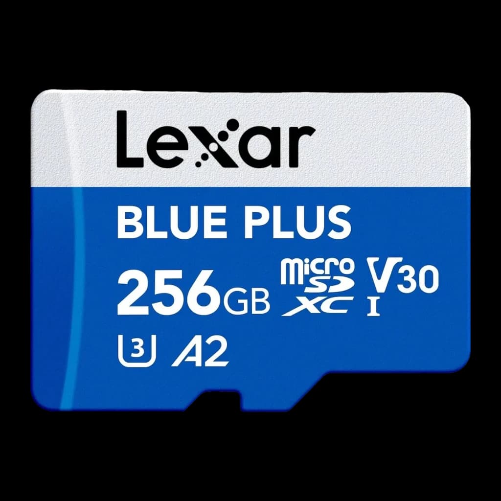 Tarjeta Lexar Blue Plus microSDXC 256GB UHS-I V30 U3 A2 170MB/s, vista frontal: diseño bicolor blanco y azul con logos V30
