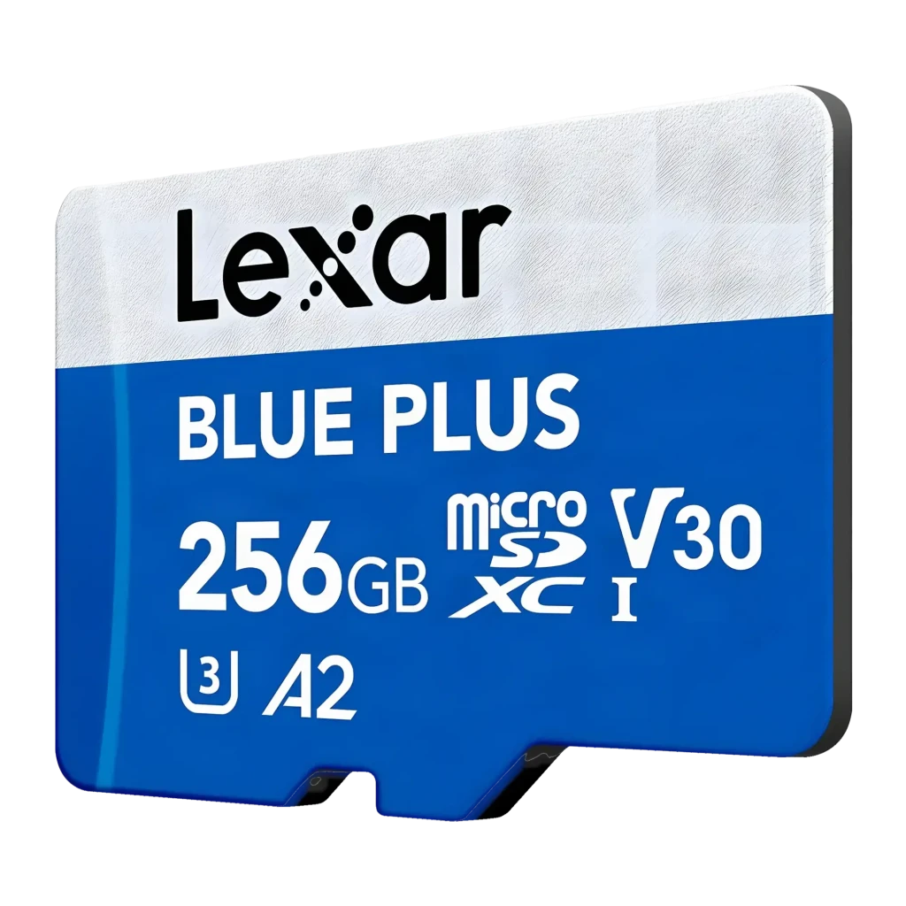 Tarjeta Lexar Blue Plus microSDXC 256GB UHS-I V30 U3 A2 170MB/s, detalle: vista en ángulo frontal con logos V30, U3 y A2