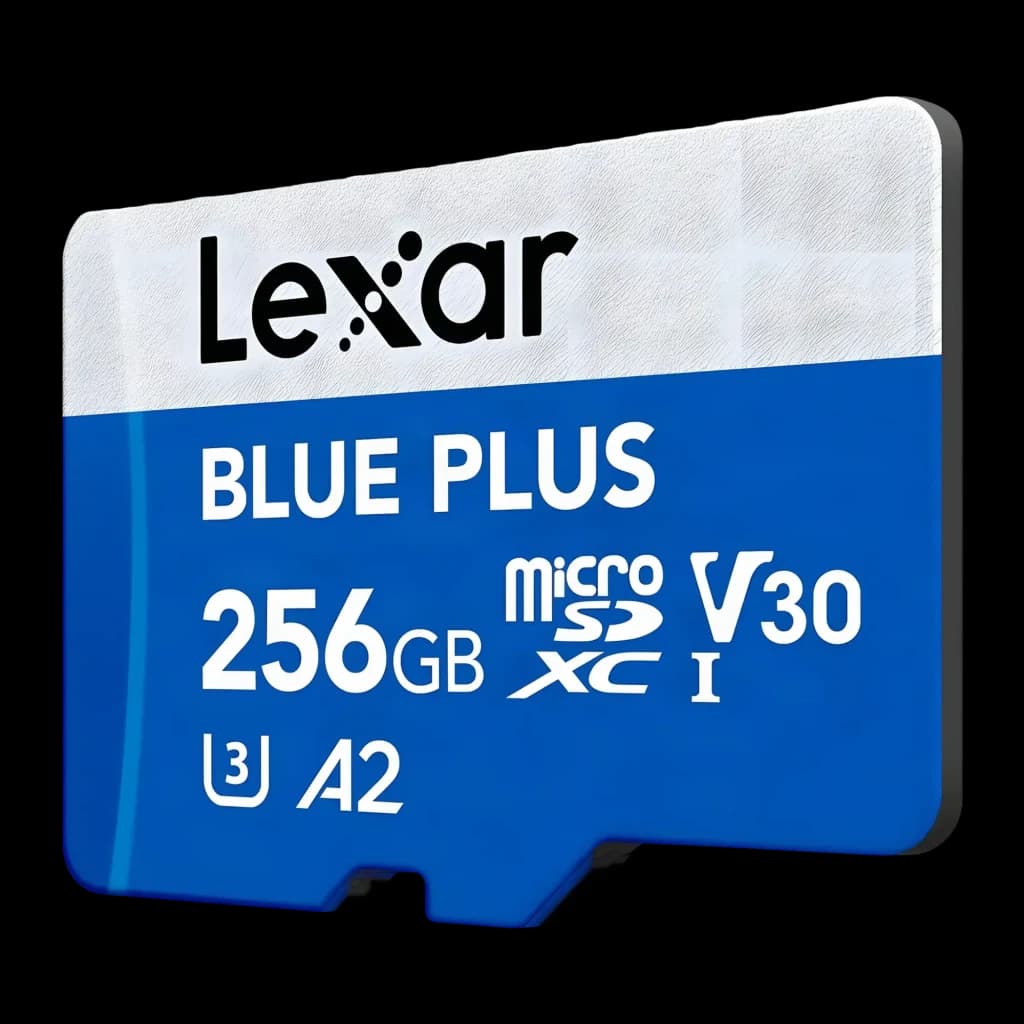 Tarjeta Lexar Blue Plus microSDXC 256GB UHS-I V30 U3 A2 170MB/s, detalle: vista en ángulo frontal con logos V30, U3 y A2