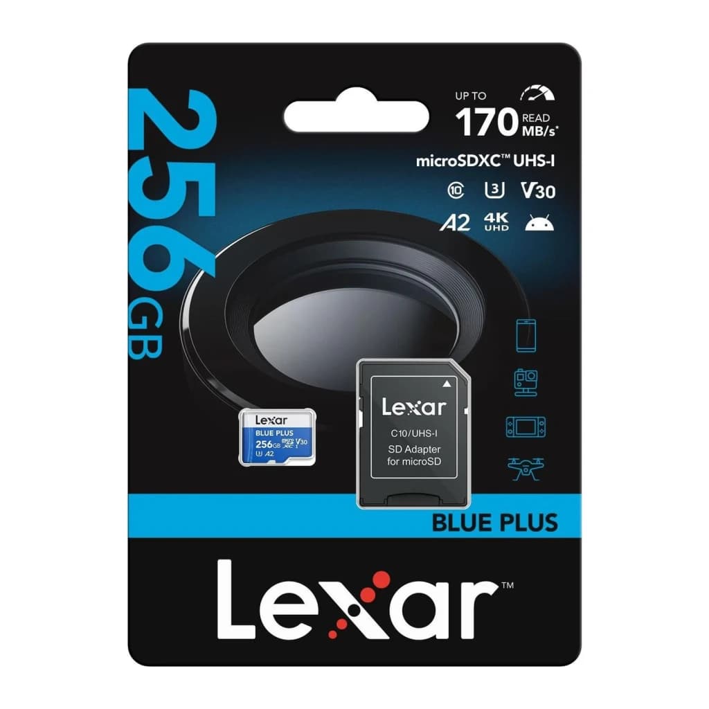 Tarjeta Lexar Blue Plus microSDXC 256GB UHS-I V30 U3 A2 170MB/s, contenido de la caja: blíster frontal con tarjeta microSD
