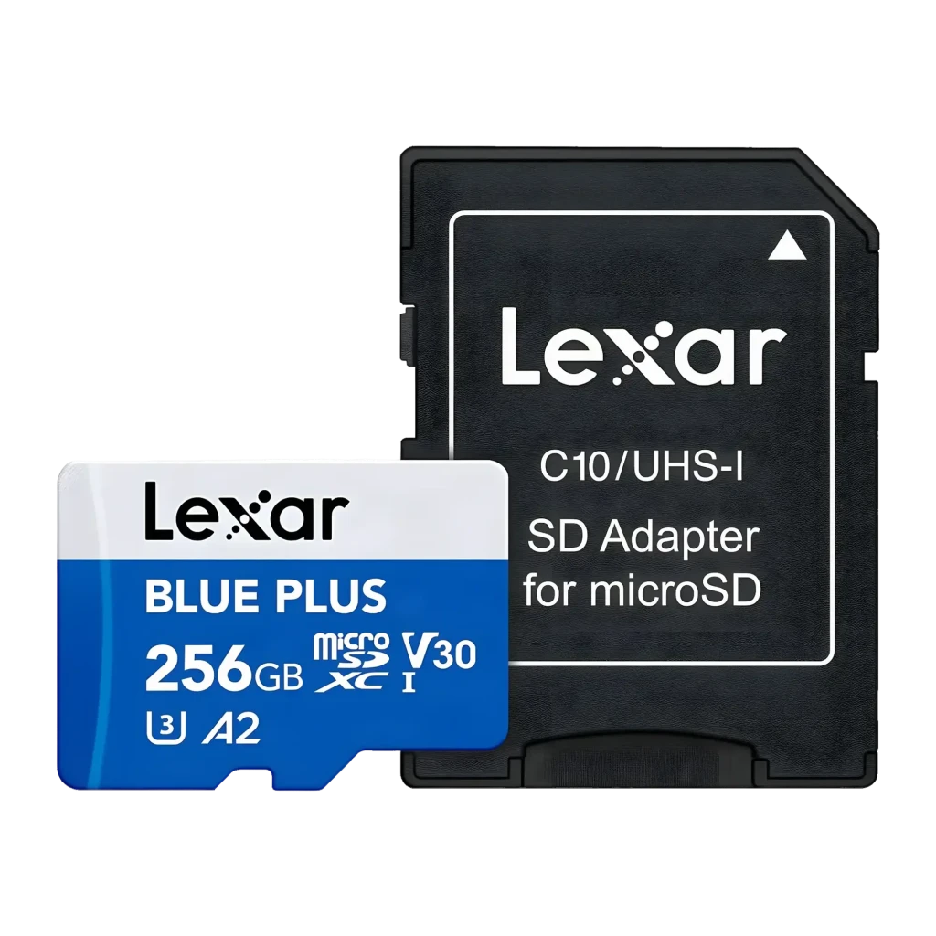 Tarjeta Lexar Blue Plus microSDXC 256GB UHS-I V30 U3 A2 170MB/s, detalle: tarjeta microSD azul y adaptador SD negro