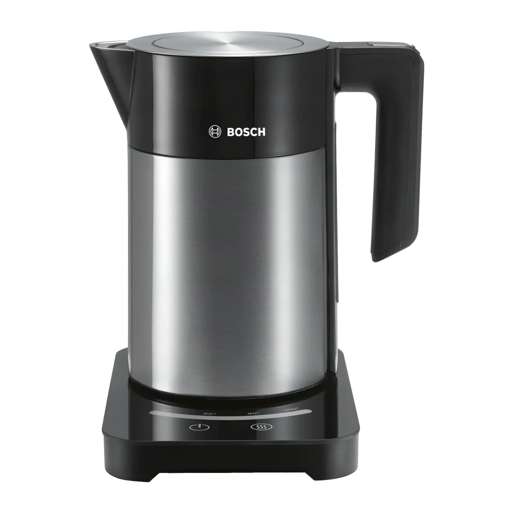 Chaleira elétrica Bosch 1,7L 1850W 7 temperaturas Preto TWK7203, detalhe: corpo inox escovado, logo Bosch e botões táteis