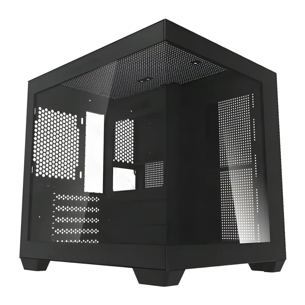 Caja PC Darkflash C275P Cristal Templado 270° Mini Tower M-ATX/ITX Negro, vista frontal: paneles de cristal templado en tres