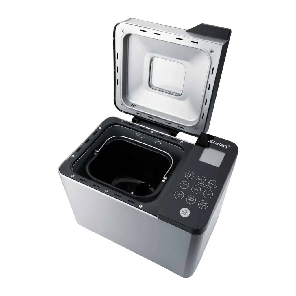 Machine à pain Steba BM 2 600W jusqu'à 1000g Acier Inoxydable/Noir, détail: couvercle ouvert révèle la cuve intérieure