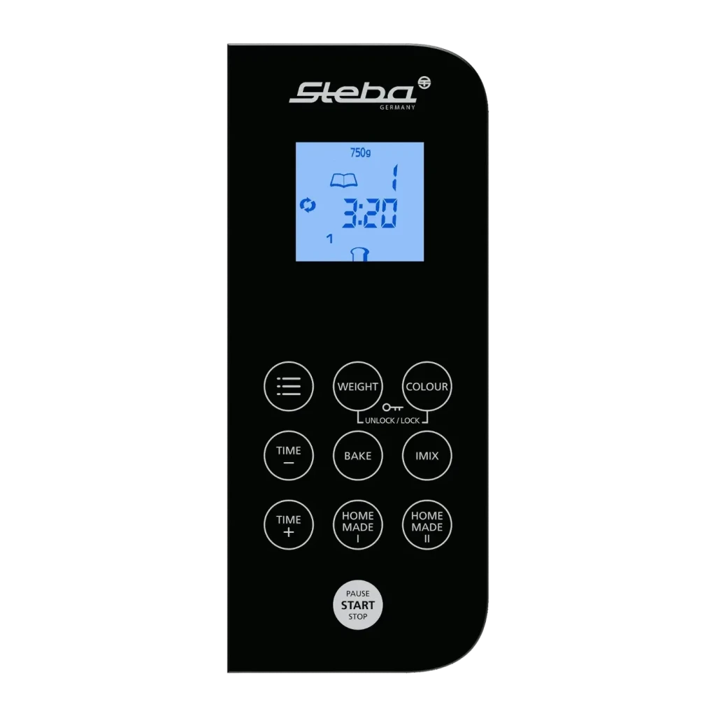 Machine à pain Steba BM 2 600W jusqu'à 1000g Acier Inoxydable/Noir, détail: panneau de commande avec écran LCD bleu